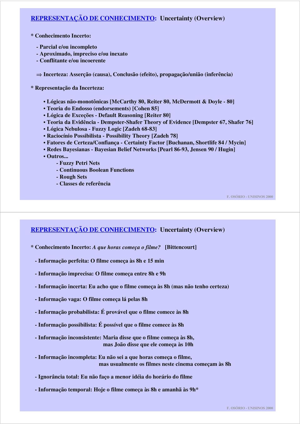 Lógica de Exceções - Default Reasoning [Reiter 80] Teoria da Evidência - Dempster-Shafer Theory of Evidence [Dempster 67, Shafer 76] Lógica Nebulosa - Fuzzy Logic [Zadeh 68-83] Raciocínio ossibilista