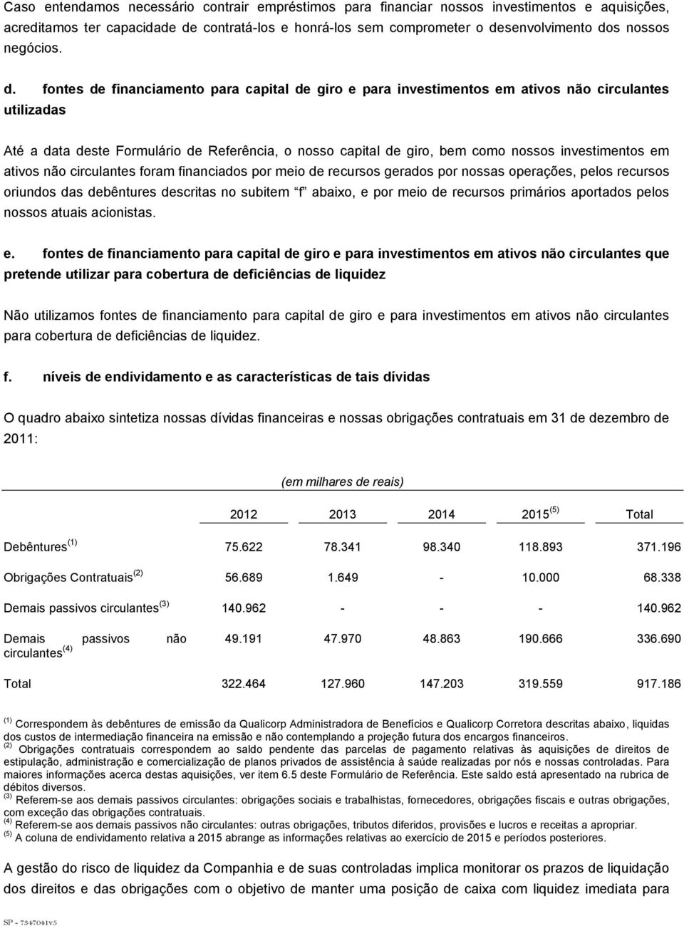 fontes de financiamento para capital de giro e para investimentos em ativos não circulantes utilizadas Até a data deste Formulário de Referência, o nosso capital de giro, bem como nossos