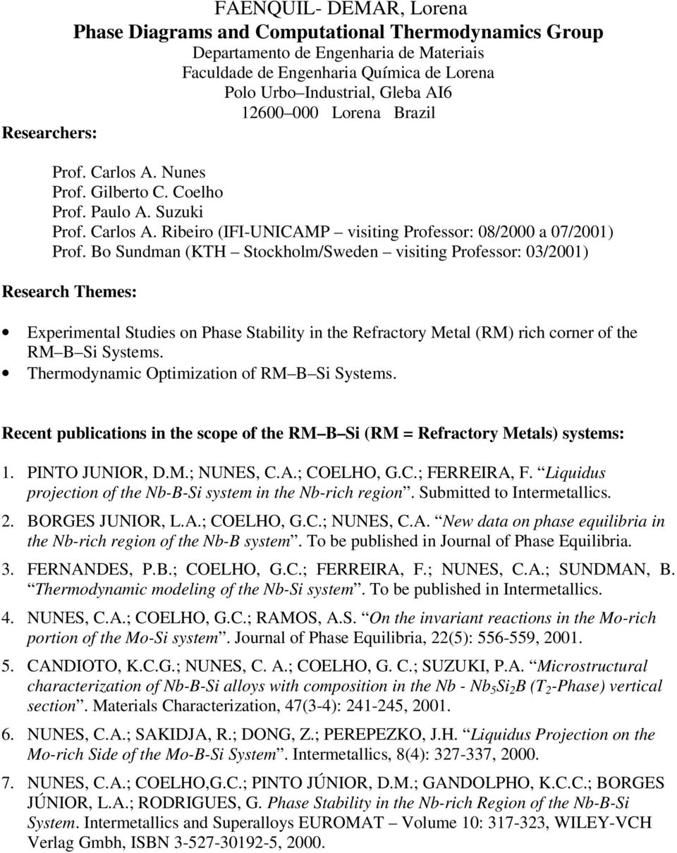 Bo Sundman (KTH Stockholm/Sweden visiting Professor: 03/2001) Research Themes: Experimental Studies on Phase Stability in the Refractory Metal (RM) rich corner of the RM B Si Systems.