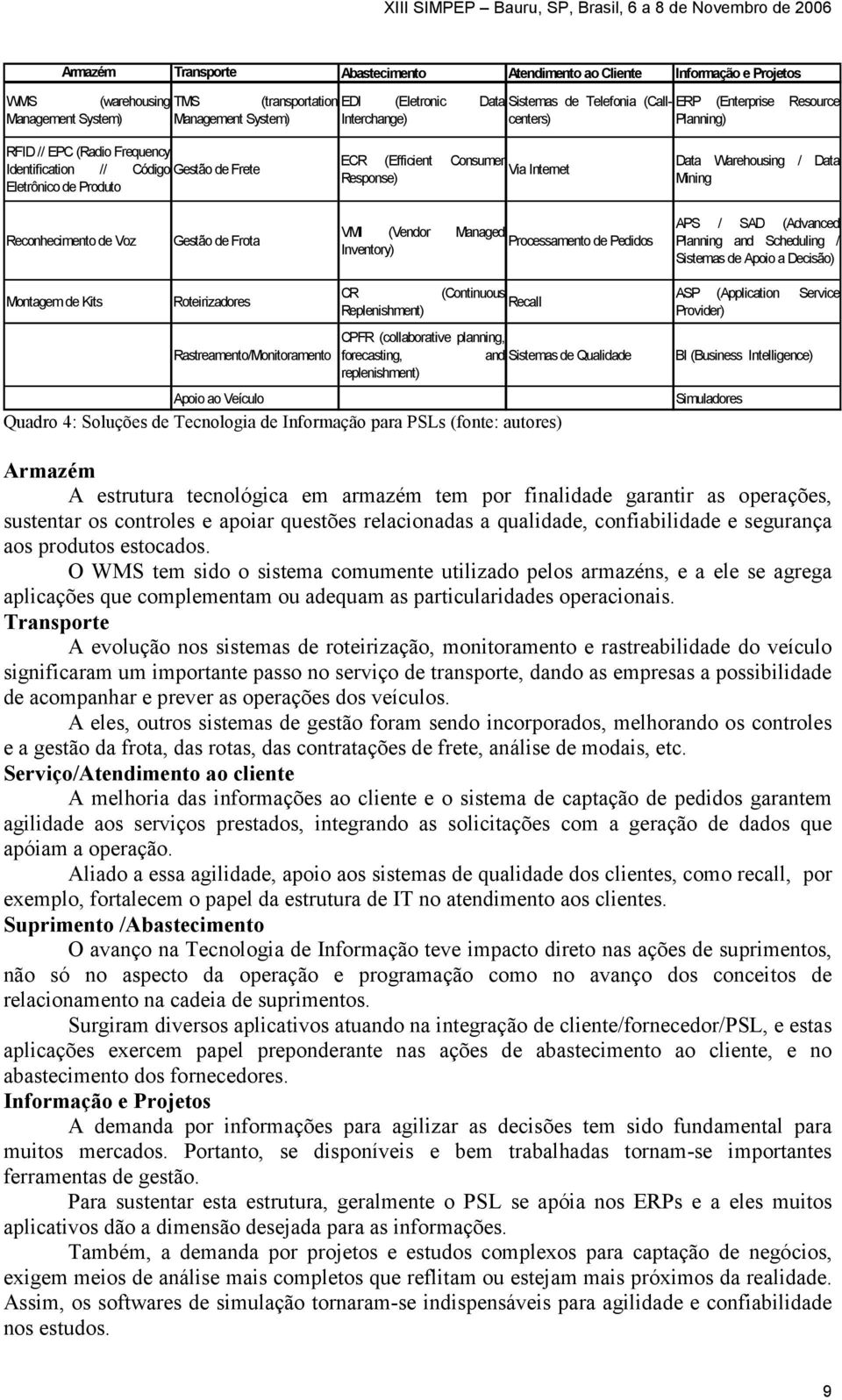 Data Warehousing / Data Mining Reconhecimento de Voz Gestão de Frota VMI (Vendor Managed Processamento de Pedidos Inventory) APS / SAD (Advanced Planning and Scheduling / Sistemas de Apoio a Decisão)