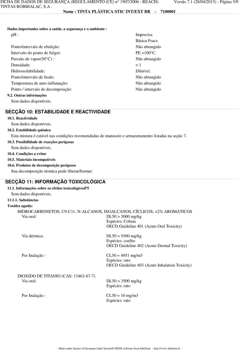 PE >100 C. Densidade: > 1 Hidrossolubilidade: Diluível. Ponto/intervalo de fusão: Temperatura de auto-inflamação: Ponto / intervalo de decomposição: 9.2.