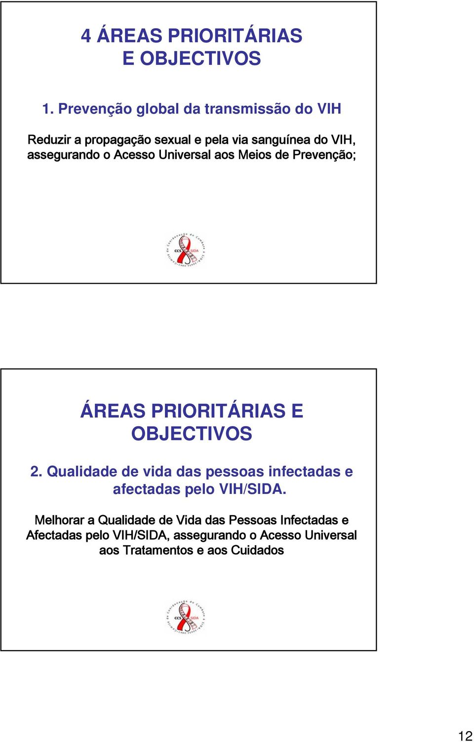 o Acesso Universal aos Meios de Prevenção; ÁREAS PRIORITÁRIAS E OBJECTIVOS 2.