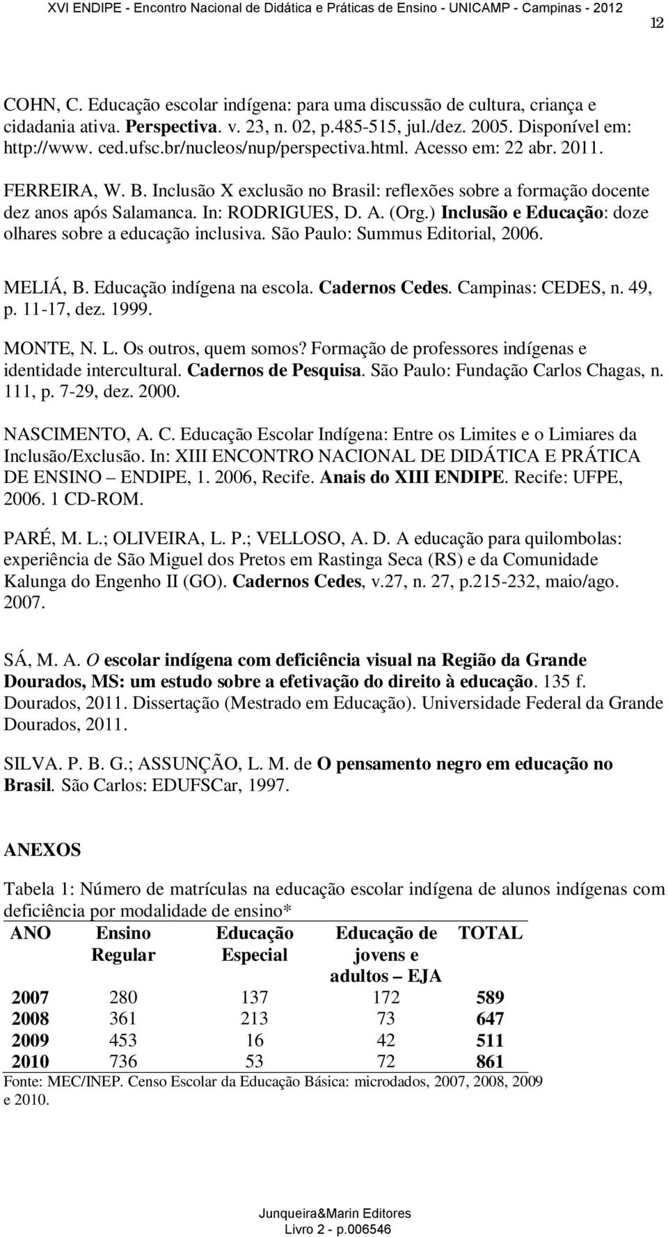 ) Inclusão e Educação: doze olhares sobre a educação inclusiva. São Paulo: Summus Editorial, 2006. MELIÁ, B. Educação indígena na escola. Cadernos Cedes. Campinas: CEDES, n. 49, p. 11-17, dez. 1999.