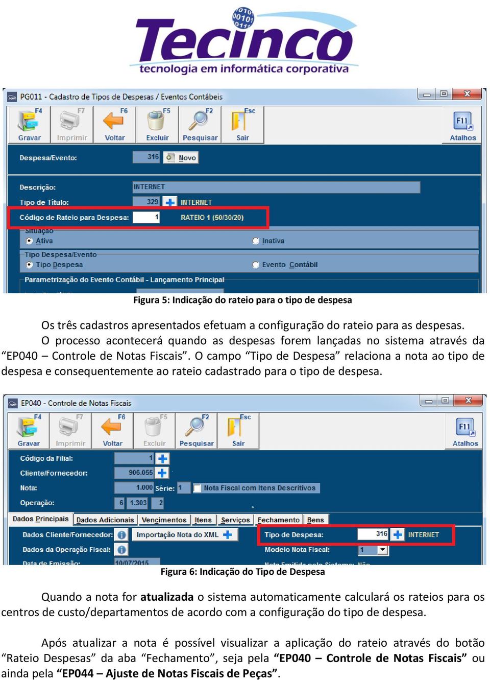 O campo Tipo de Despesa relaciona a nota ao tipo de despesa e consequentemente ao rateio cadastrado para o tipo de despesa.