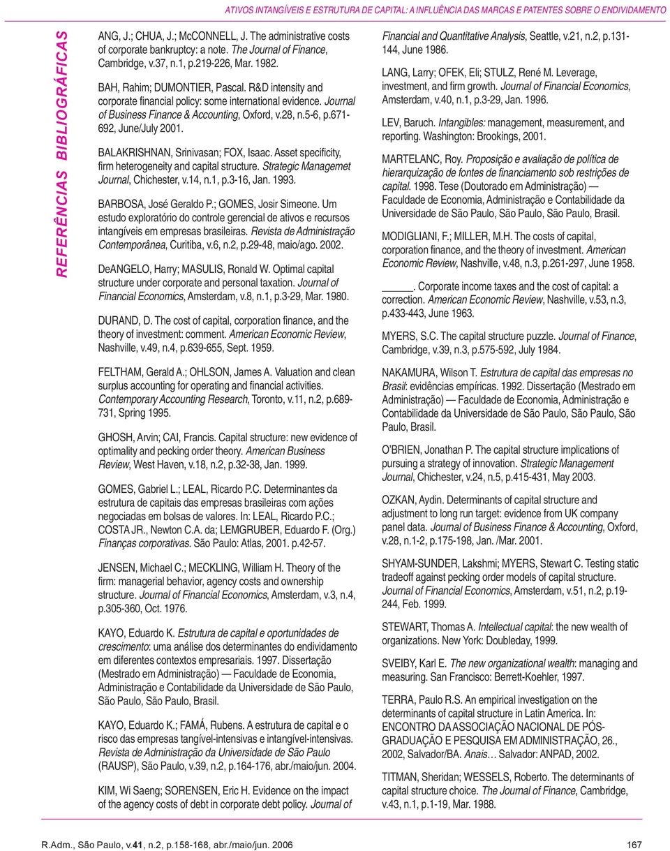 R&D intensity and corporate financial policy: some international evidence. Journal of Business Finance & Accounting, Oxford, v.28, n.5-6, p.671-692, June/July 2001.