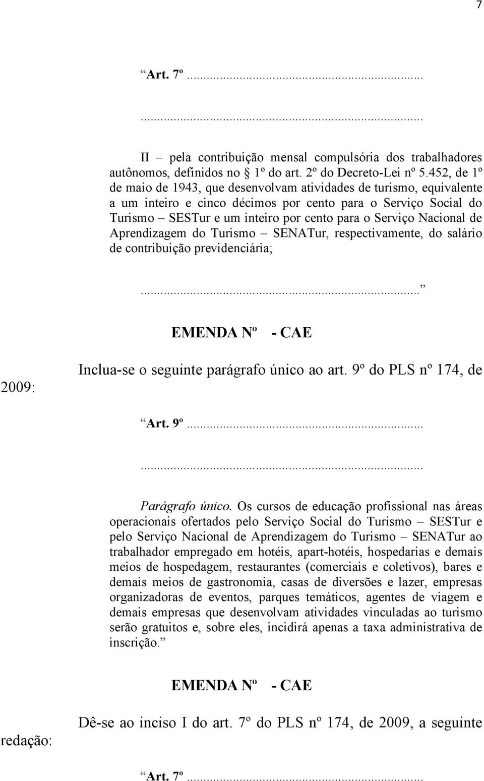 Nacional de Aprendizagem do Turismo SENATur, respectivamente, do salário de contribuição previdenciária;... EMENDA Nº - CAE 2009: Inclua-se o seguinte parágrafo único ao art. 9º do PLS nº 174, de Art.