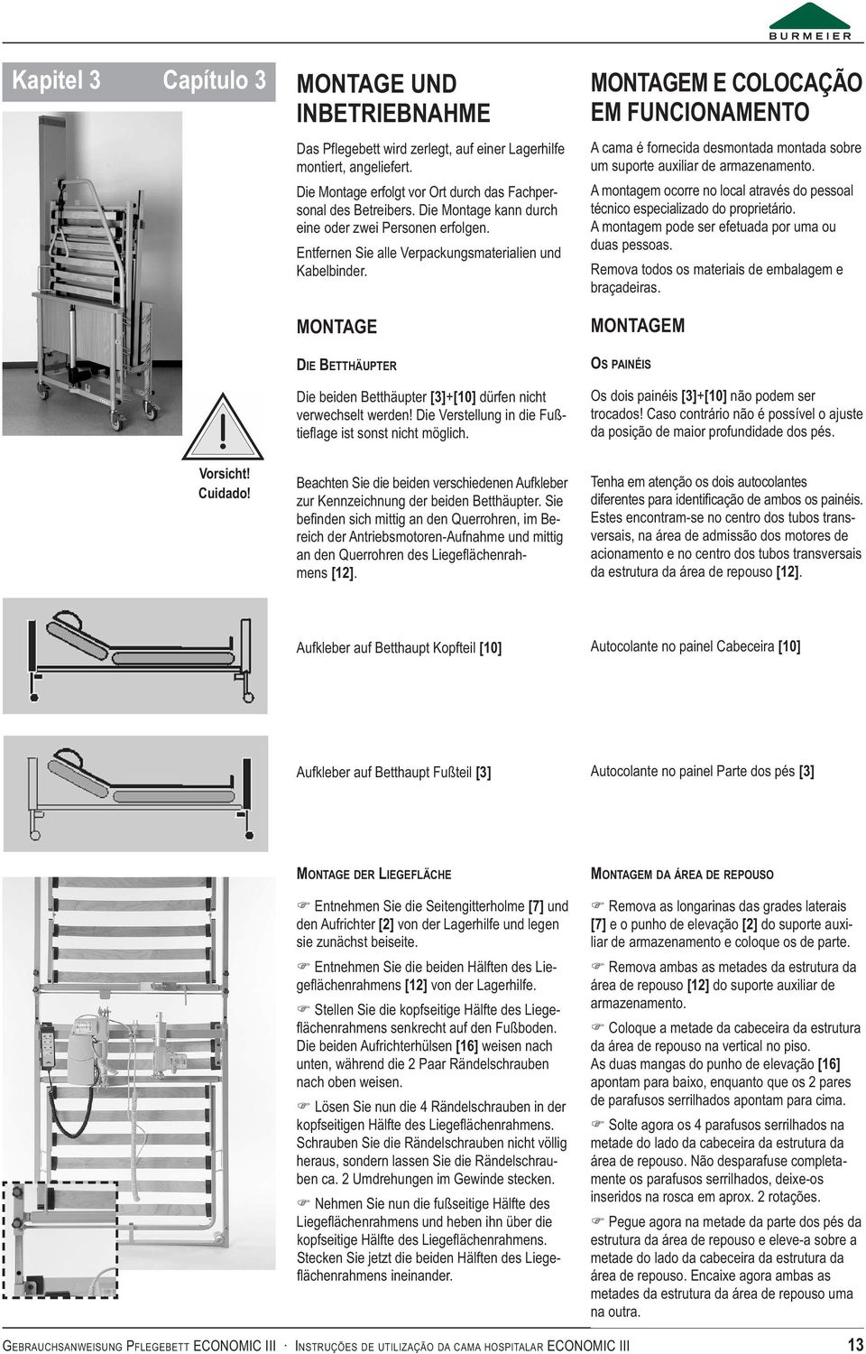 MONTAGE DIE BETTHÄUPTER die beiden Betthäupter [3]+[10] dürfen nicht verwechselt werden! die Verstellung in die Fußtieflage ist sonst nicht möglich.