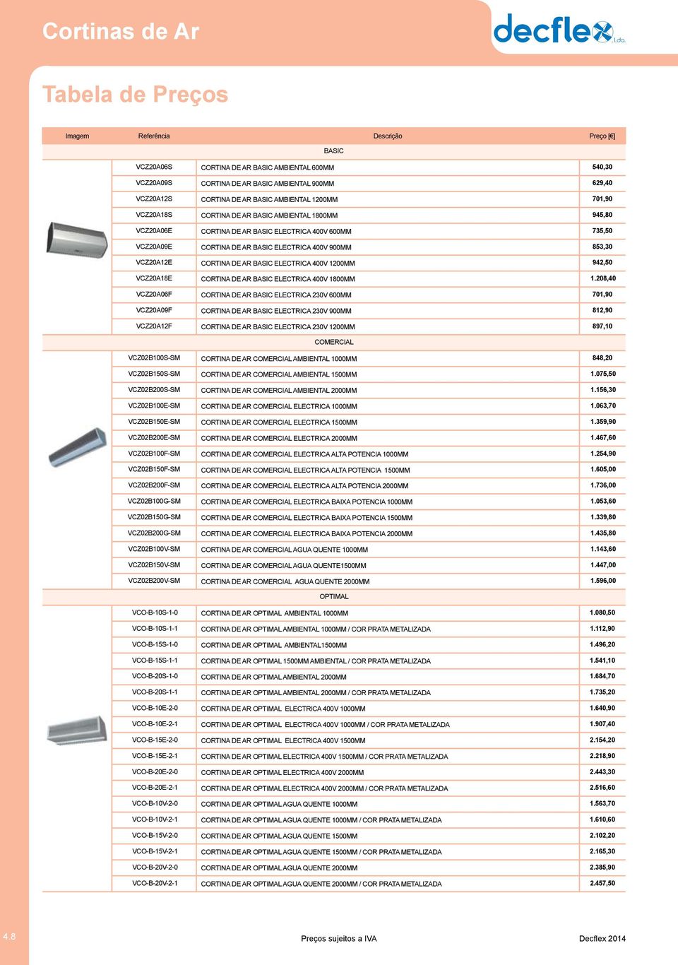 VCZ20A12E CORTINA DE AR BASIC ELECTRICA 400V 1200MM 942,50 VCZ20A18E CORTINA DE AR BASIC ELECTRICA 400V 1800MM 1.