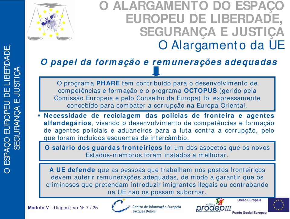 Necessidade de reciclagem das polícias de fronteira e agentes alfandegários, visando o desenvolvimento de competências e formação de agentes policiais e aduaneiros para a luta contra a corrupção,