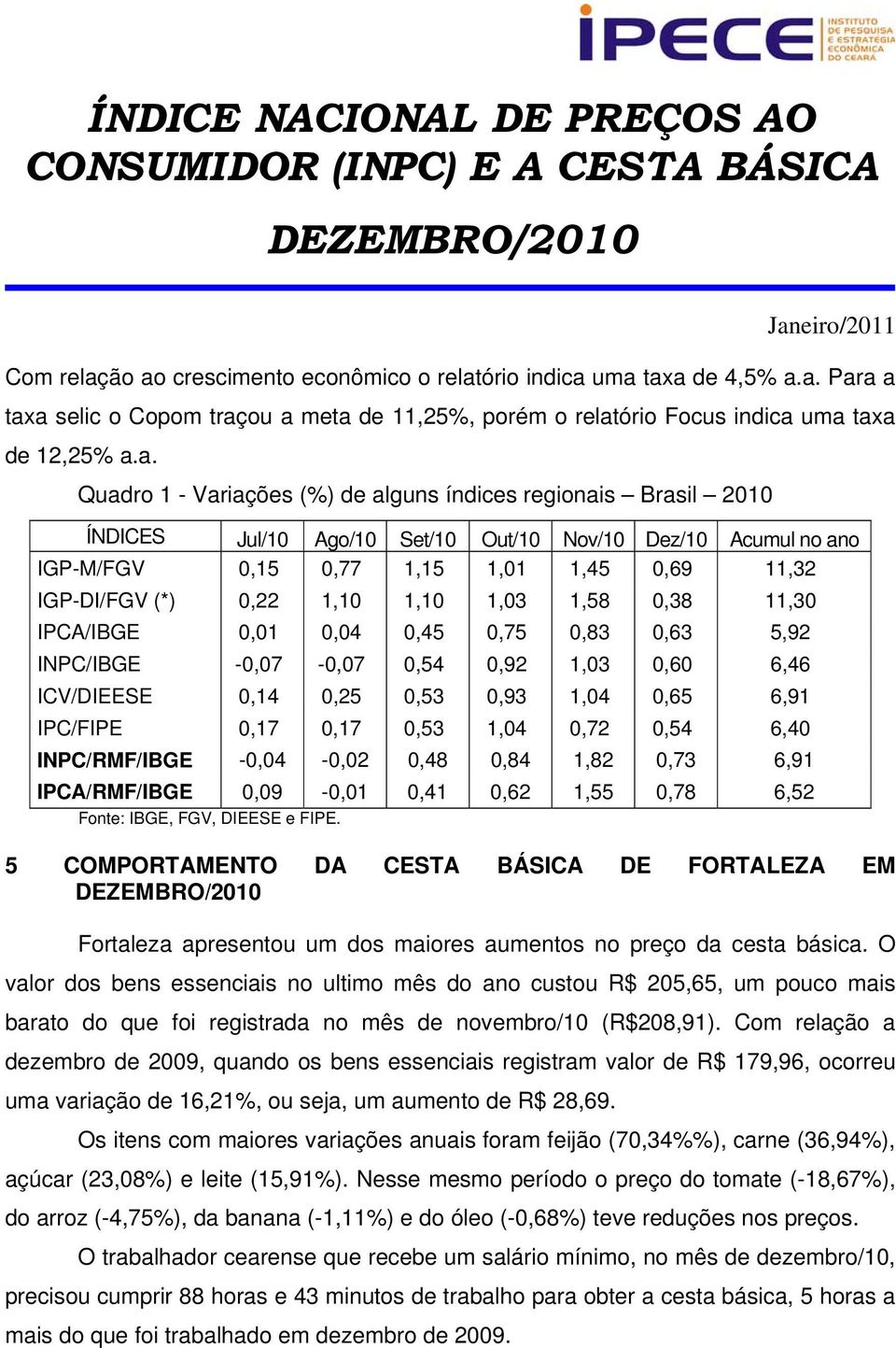 de alguns índices regionais Brasil 2010 ÍNDICES Jul/10 Ago/10 Set/10 Out/10 Nov/10 Dez/10 Acumul no ano IGP-M/FGV 0,15 0,77 1,15 1,01 1,45 0,69 11,32 IGP-DI/FGV (*) 0,22 1,10 1,10 1,03 1,58 0,38