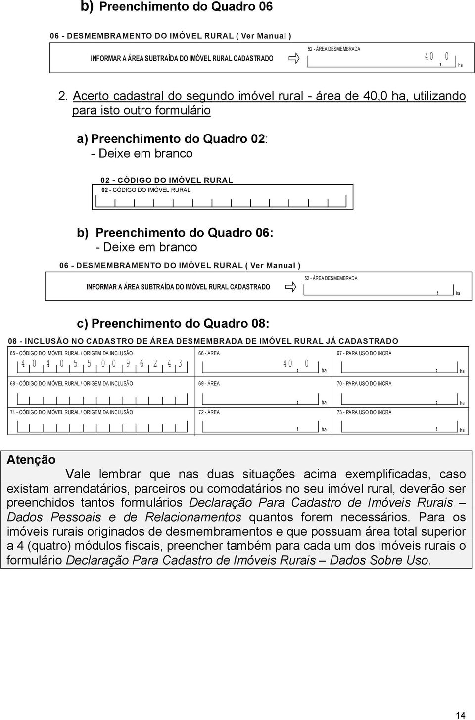 DESMEMBRAMENTO DO IMÓVEL RURAL ( Ver Manual ) INFORMAR A ÁREA SUBTRAÍDA DO IMÓVEL RURAL CADASTRADO 52 - ÁREA DESMEMBRADA c) Preenchimento do Quadro 08: 08 - INCLUSÃO NO CADASTRO DE ÁREA DESMEMBRADA