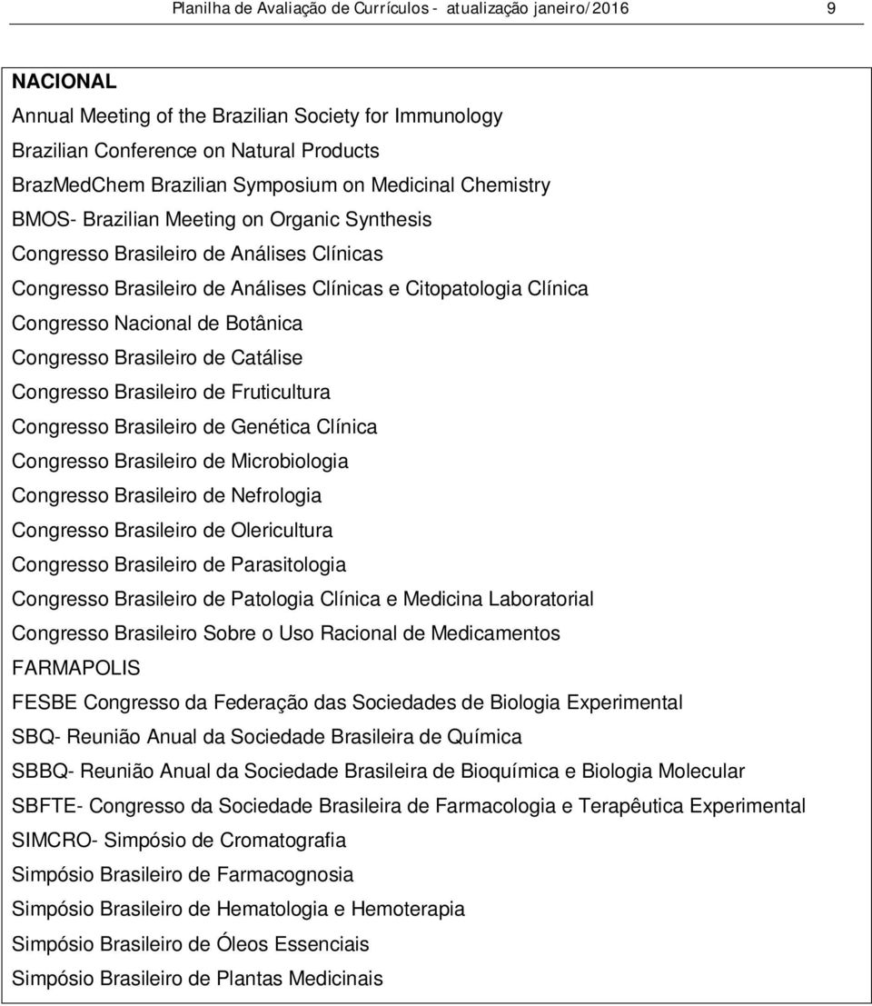 Nacional de Botânica Congresso Brasileiro de Catálise Congresso Brasileiro de Fruticultura Congresso Brasileiro de Genética Clínica Congresso Brasileiro de Microbiologia Congresso Brasileiro de