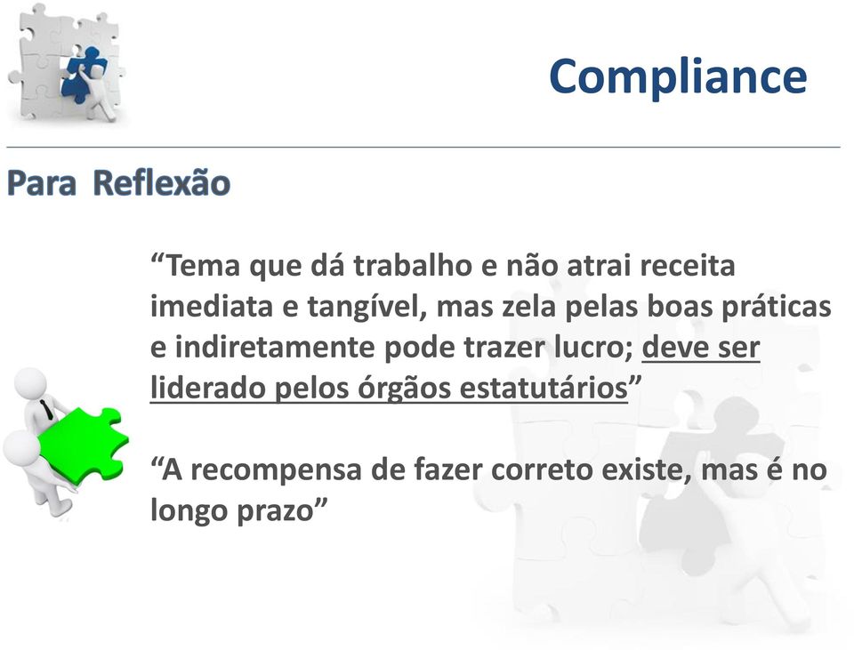 indiretamente pode trazer lucro; deve ser liderado pelos