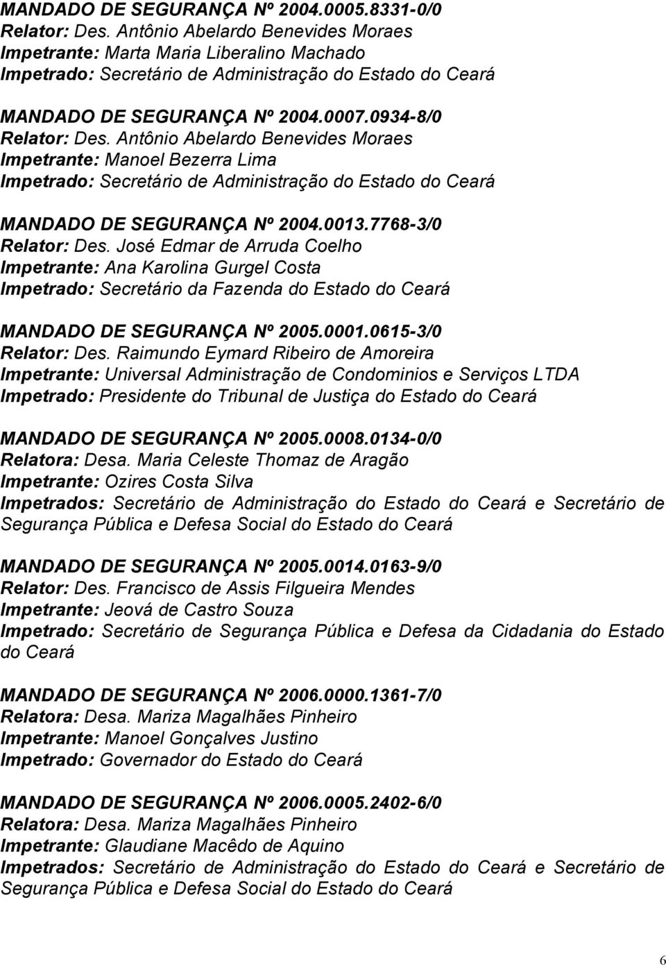 Raimundo Eymard Ribeiro de Amoreira Impetrante: Universal Administração de Condominios e Serviços LTDA Impetrado: Presidente do Tribunal de Justiça do Estado do Ceará MANDADO DE SEGURANÇA Nº 2005.