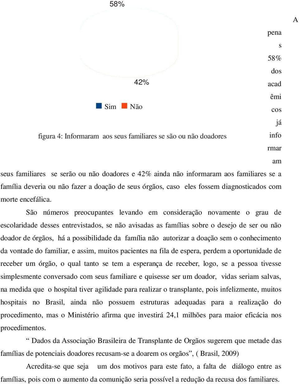 São números preocupantes levando em consideração novamente o grau de escolaridade desses entrevistados, se não avisadas as famílias sobre o desejo de ser ou não doador de órgãos, há a possibilidade