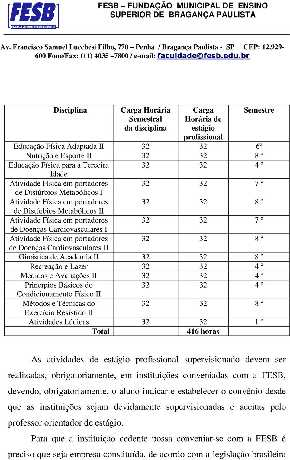 Doenças Cardiovasculares I Atividade Física em portadores 32 32 8 º de Doenças Cardiovasculares II Ginástica de Academia II 32 32 8 º Recreação e Lazer 32 32 4 º Medidas e Avaliações II 32 32 4 º