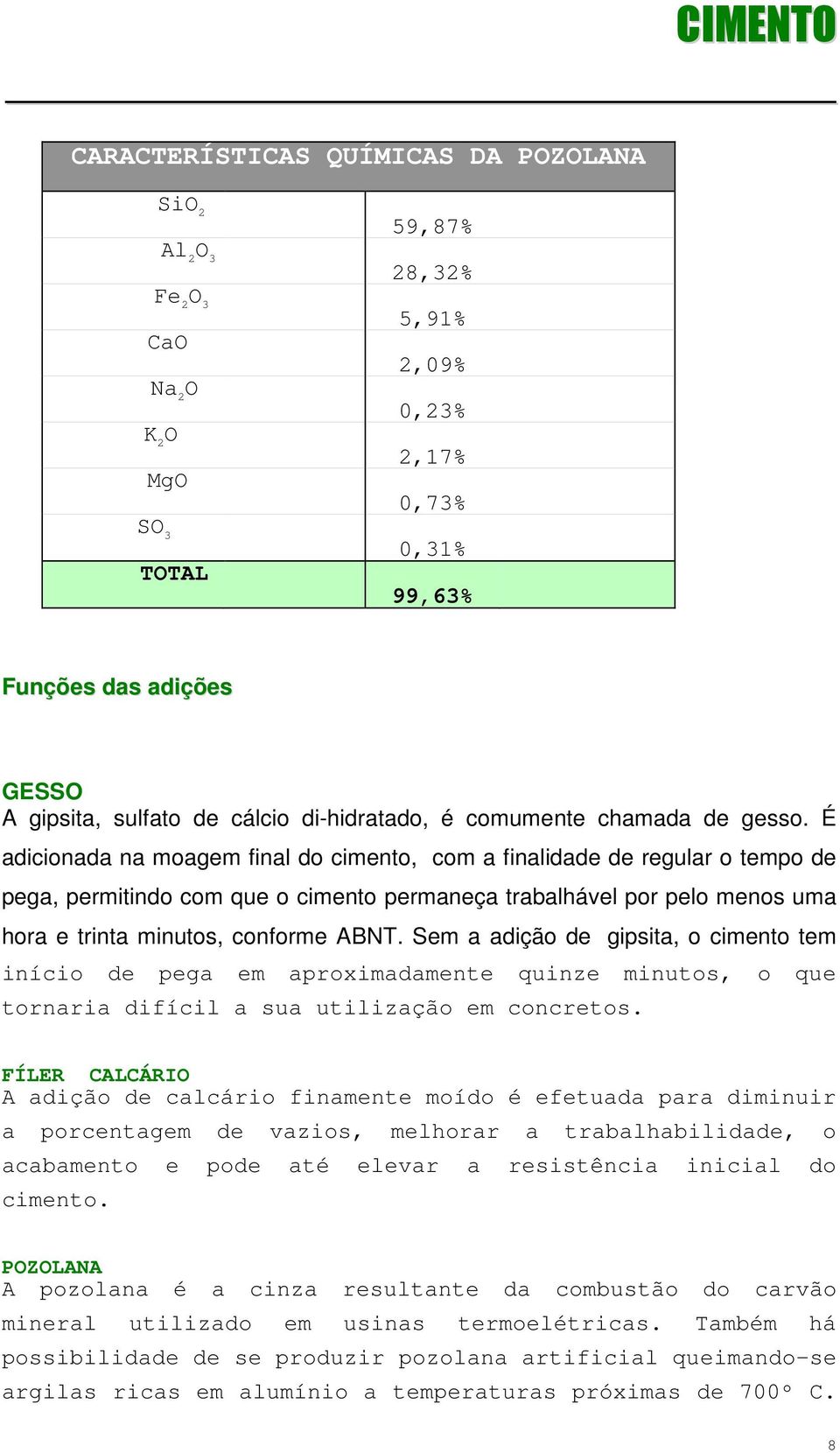 É adicionada na moagem final do cimento, com a finalidade de regular o tempo de pega, permitindo com que o cimento permaneça trabalhável por pelo menos uma hora e trinta minutos, conforme ABNT.