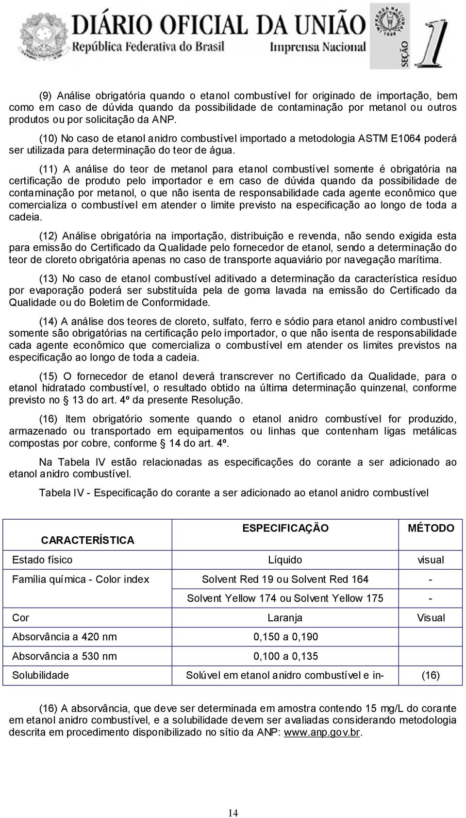 (11) A análise do teor de metanol para etanol combustível somente é obrigatória na certificação de produto pelo importador e em caso de dúvida quando da possibilidade de contaminação por metanol, o