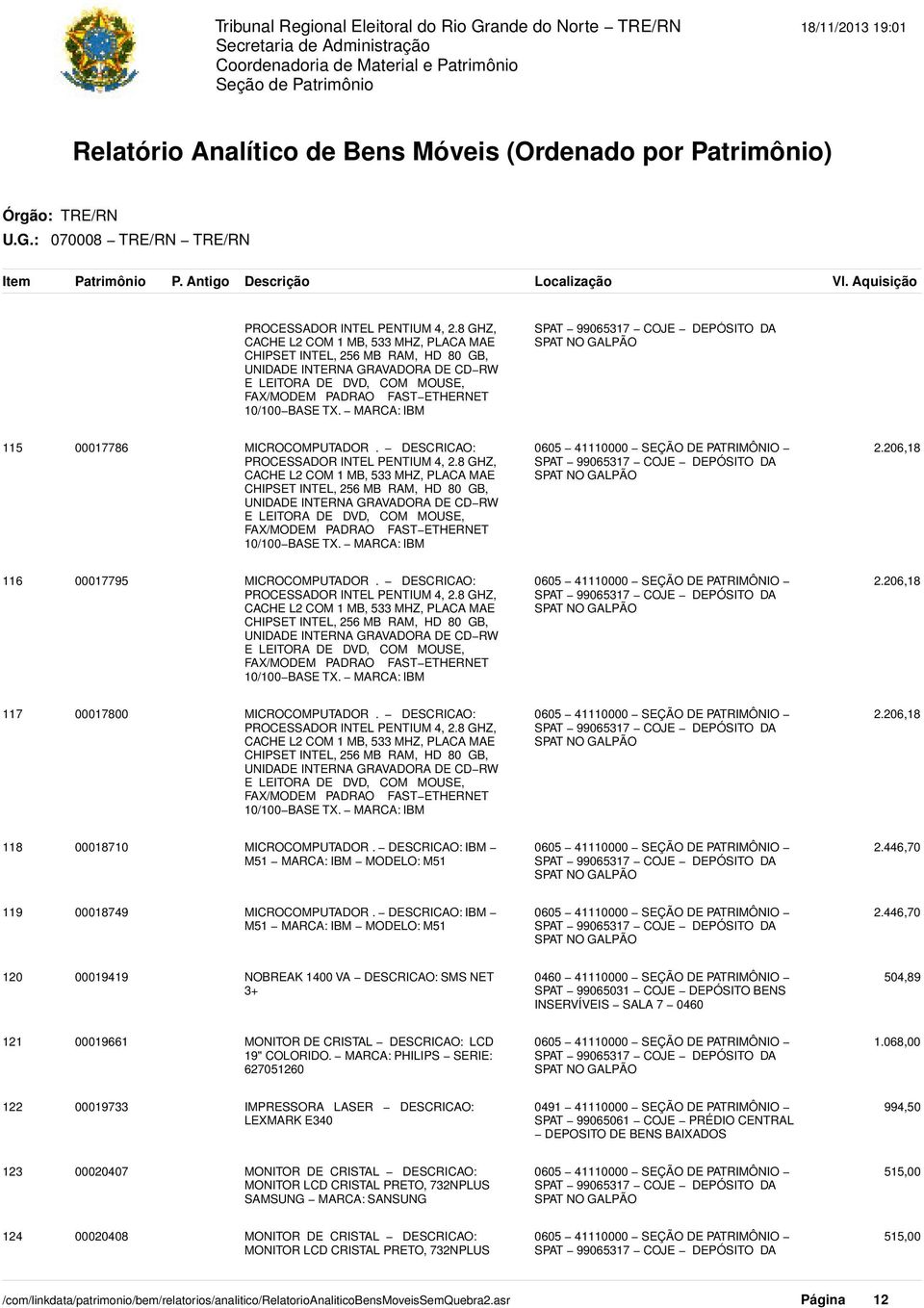 MARCA: IBM 115 00017786 MICROCOMPUTADOR. DESCRICAO: 0605 41110000 SEÇÃO DE PATRIMÔNIO 2.206,18  MARCA: IBM 116 00017795 MICROCOMPUTADOR. DESCRICAO: 0605 41110000 SEÇÃO DE PATRIMÔNIO 2.206,18  MARCA: IBM 117 00017800 MICROCOMPUTADOR.