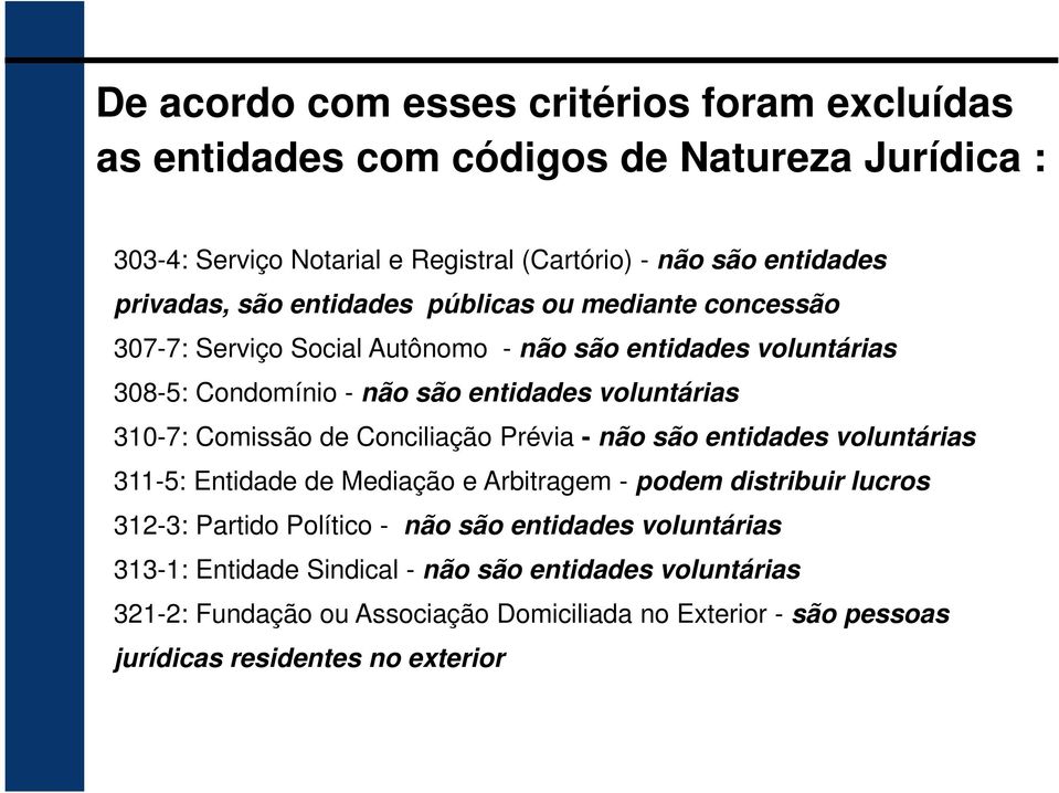 310-7: Comissão de Conciliação Prévia - não são entidades voluntárias 311-5: Entidade de Mediação e Arbitragem - podem distribuir lucros 312-3: Partido Político - não