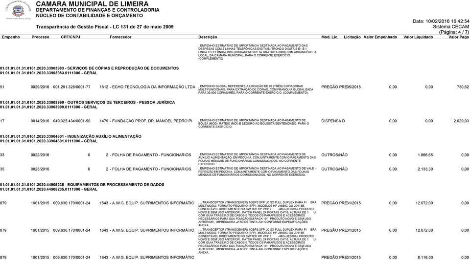 291.328/0001-77 1612 - ECHO TECNOLOGIA DA INFORMAÇÃO LTDA, EMPENHO GLOBAL REFERENTE A LOCAÇÃO DE 03 (TRÊS) COPIADORAS MULTIFUNCIONAIS, PARA EXTRAÇÃO DE CÓPIAS, COM FRANQUIA GLOBALIZADA PREGÃO