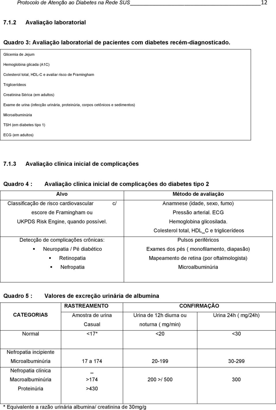 cetônicos e sedimentos) Microalbuminúria TSH (em diabetes tipo 1)