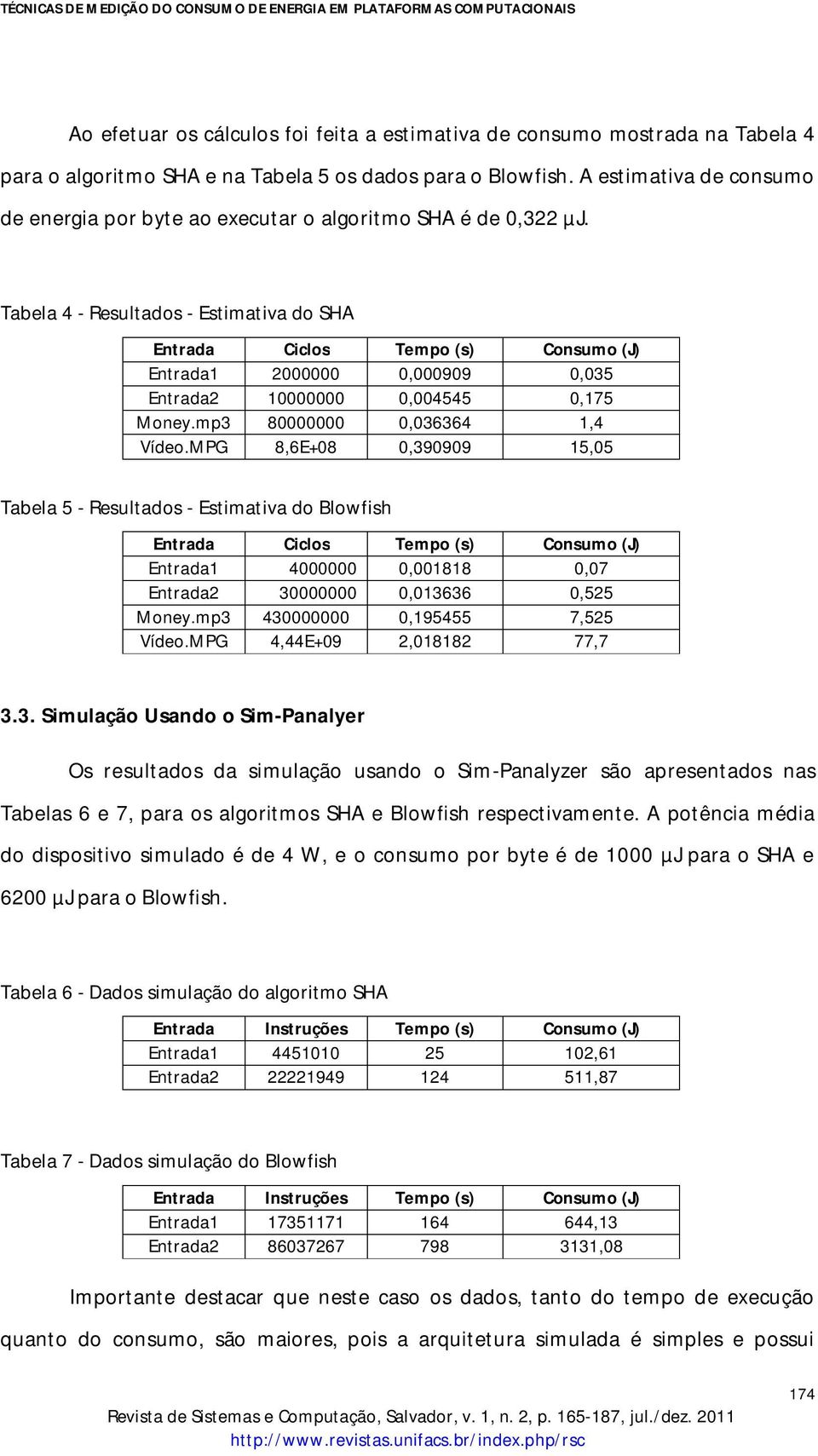 Tabela 4 - Resultados - Estimativa do SHA Entrada Ciclos Tempo (s) (J) Entrada1 2000000 0,000909 0,035 Entrada2 10000000 0,004545 0,175 Money.mp3 80000000 0,036364 1,4 Vídeo.