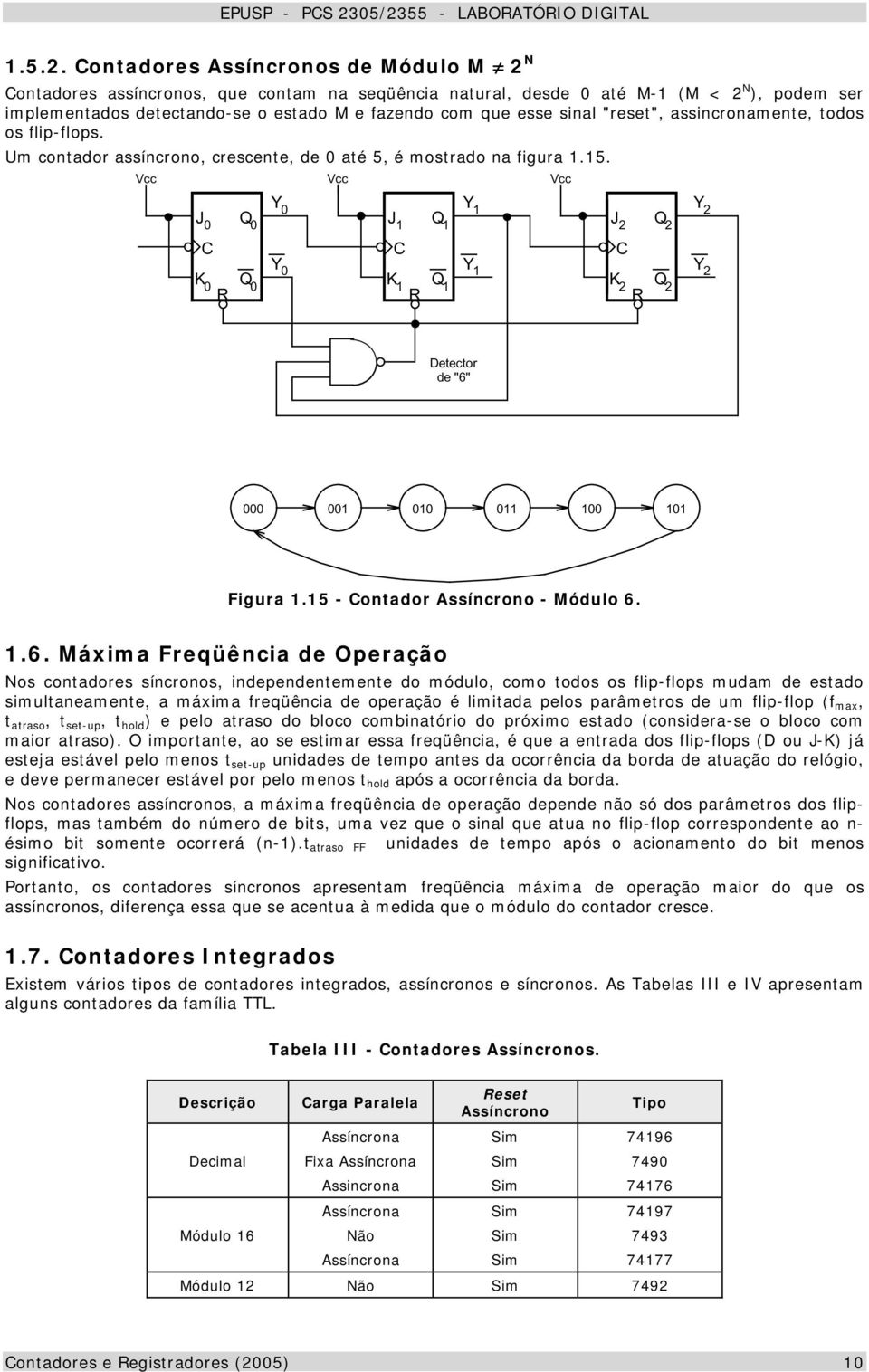 fazendo com que esse sinal "reset", assincronamente, todos os flip-flops. Um contador assíncrono, crescente, de até 5, é mostrado na figura.5. Vcc Vcc Vcc J K J Y Y K J K Y Y Detector de "6" Figura.