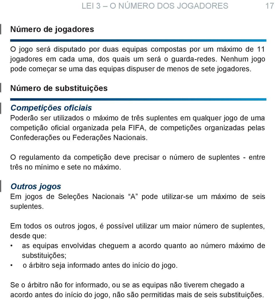 Número de substituições Competições oficiais Poderão ser utilizados o máximo de três suplentes em qualquer jogo de uma competição oficial organizada pela FIFA, de competições organizadas pelas