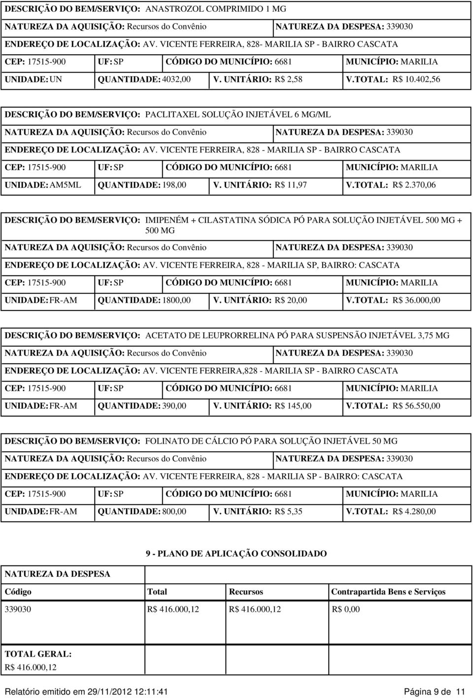 370,06 IMIPENÉM + CILASTATINA SÓDICA PÓ PARA SOLUÇÃO INJETÁVEL 500 MG + 500 MG ENDEREÇO DE LOCALIZAÇÃO: AV. VICENTE FERREIRA, 828 - MARILIA SP, BAIRRO: CASCATA UNIDADE: FR-AM QUANTIDADE: 1800,00 V.