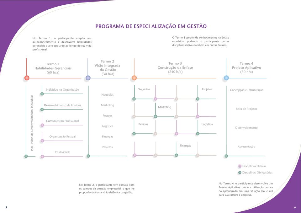 Termo 1 Habilidades Gerenciais (60 h/a) Termo 2 Visão Integrada da Gestão ( h/a) Termo 3 Construção da Ênfase (240 h/a) Termo 4 Projeto Aplicativo ( h/a) Indivíduo na Organização Negócios Projetos