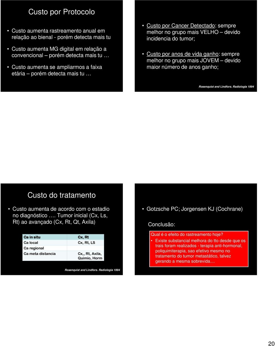 maior número de anos ganho; Rosenquist and Lindfors. Radiologia 1994 Custo do tratamento Custo aumenta de acordo com o estadio no diagnóstico.