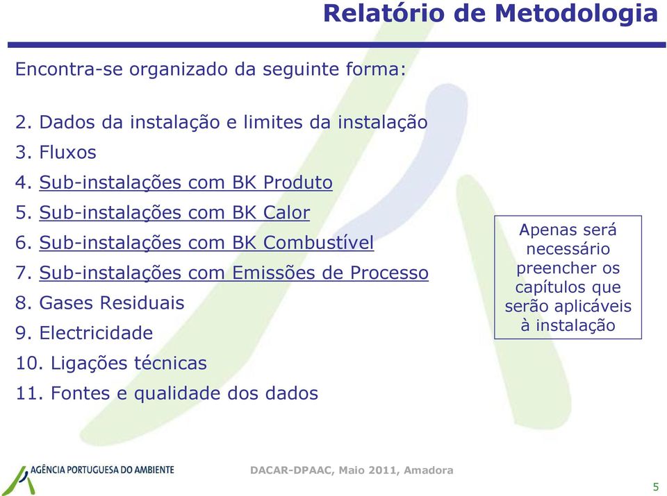 Sub-instalações com Emissões de Processo 8. Gases Residuais 9. Electricidade 10. Ligações técnicas 11.