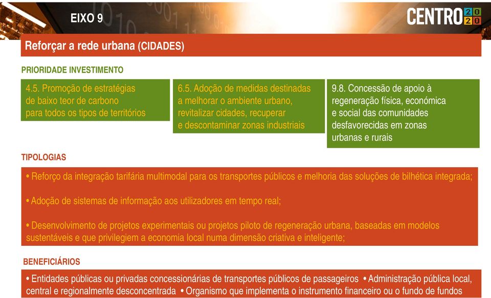 Adoção de medidas destinadas de baixo teor de carbono a melhorar o ambiente urbano, para todos os tipos de territórios revitalizar cidades, recuperar e descontaminar zonas industriais 9.8.