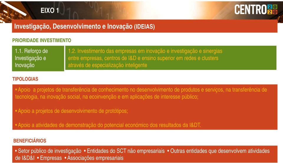 TIPOLOGIAS Apoio a projetos de transferência de conhecimento no desenvolvimento de produtos e serviços, na transferência de tecnologia, na inovação social, na ecoinvenção e em aplicações de interesse