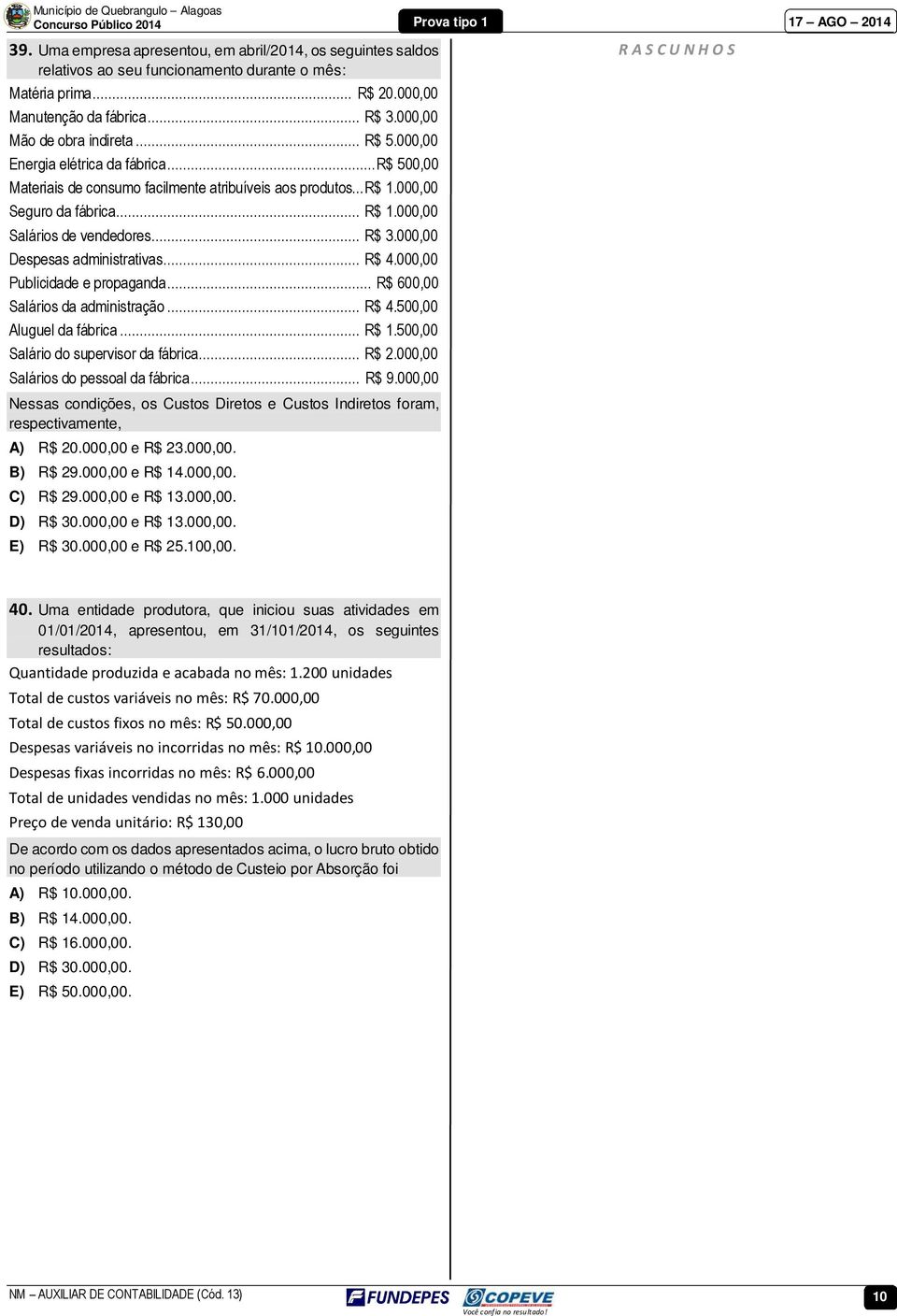 000,00 Despesas administrativas... R$ 4.000,00 Publicidade e propaganda... R$ 600,00 Salários da administração... R$ 4.500,00 Aluguel da fábrica... R$ 1.500,00 Salário do supervisor da fábrica... R$ 2.