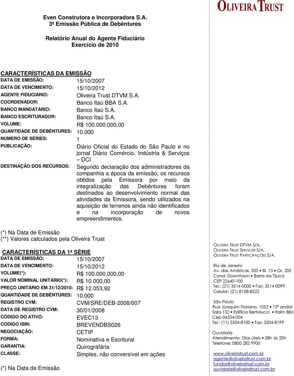 Oliveira Trust DTVM S.A. COORDENADOR: Banco Itaú BBA S.A. BANCO MANDATÁRIO: Banco Itaú S.A. BANCO ESCRITURADOR: Banco Itaú S.A. VOLUME: R$ 100.000.000,00 QUANTIDADE DE DEBÊNTURES: 10.