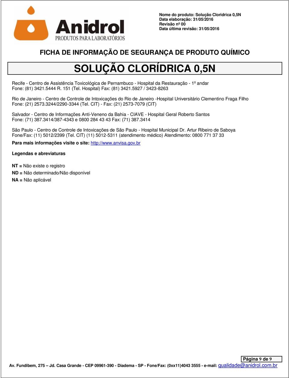 CIT) - Fax: (21) 2573-7079 (CIT) Salvador - Centro de Informações Anti-Veneno da Bahia - CIAVE - Hospital Geral Roberto Santos Fone: (71) 387.3414/387-4343 e 0800 284 43 43 Fax: (71) 387.