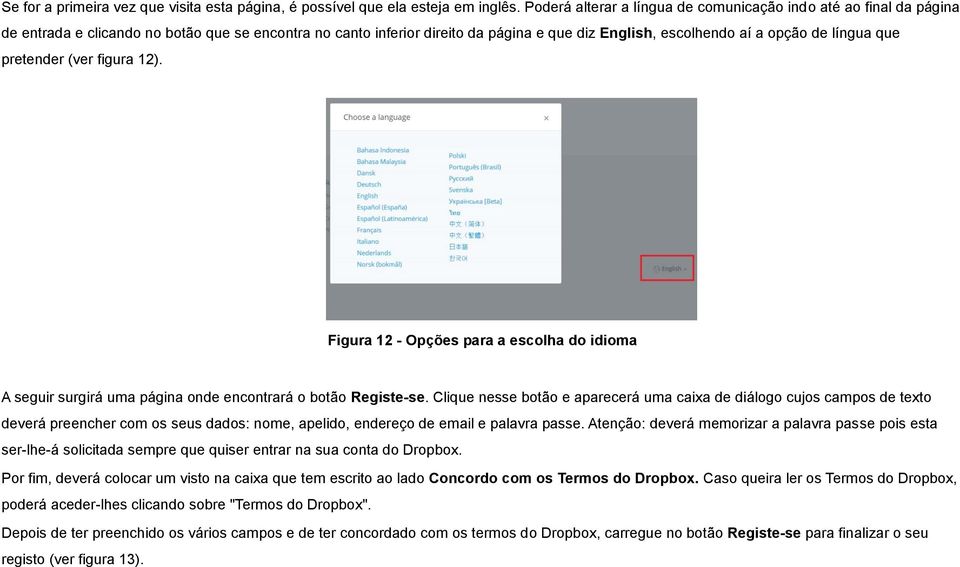 língua que pretender (ver figura 12). Figura 12 - Opções para a escolha do idioma A seguir surgirá uma página onde encontrará o botão Registe-se.