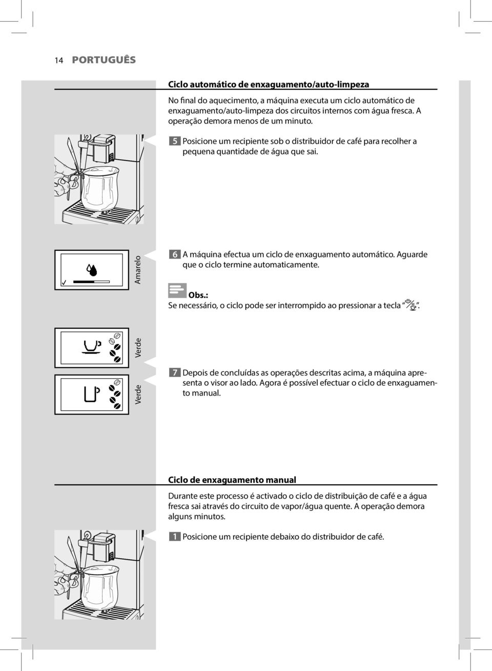 Amarelo 6 A máquina efectua um ciclo de enxaguamento automático. Aguarde que o ciclo termine automaticamente. Obs.: Se necessário, o ciclo pode ser interrompido ao pressionar a tecla.