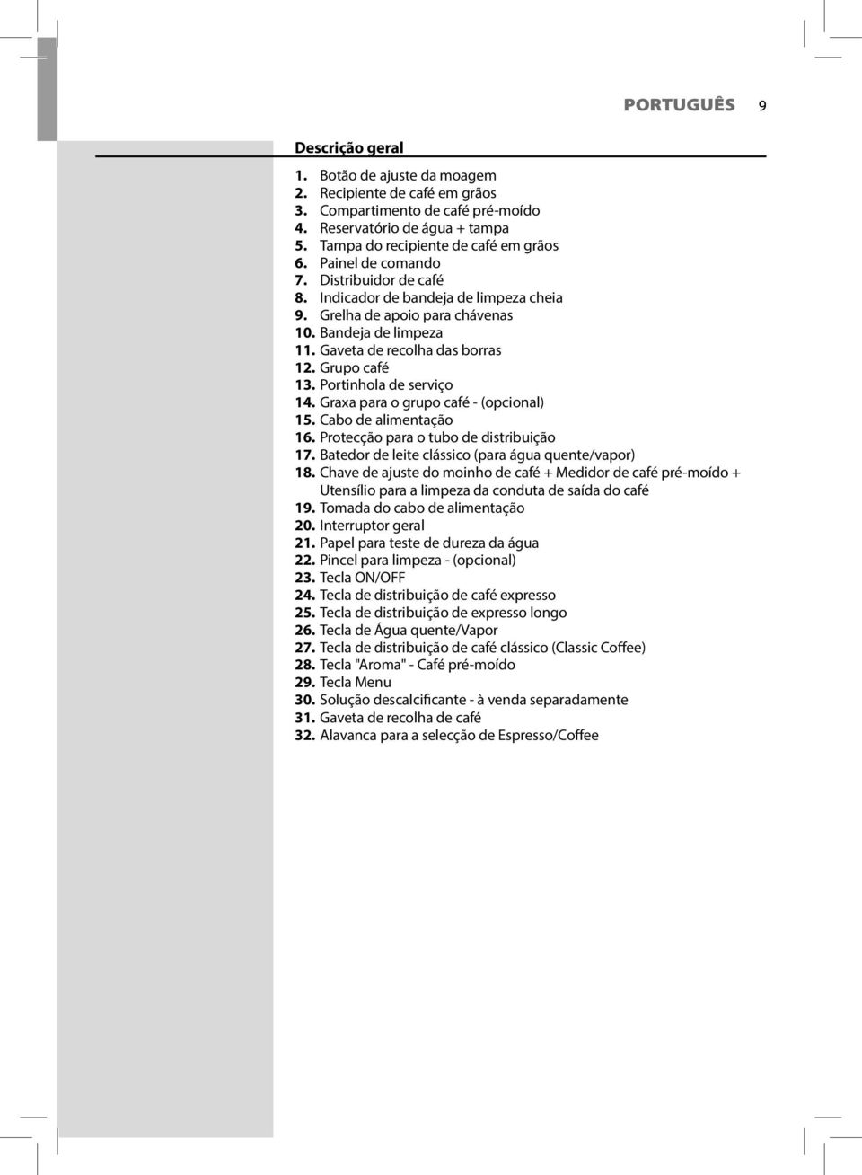 Portinhola de serviço 14. Graxa para o grupo café - (opcional) 15. Cabo de alimentação 16. Protecção para o tubo de distribuição 17. Batedor de leite clássico (para água quente/vapor) 18.