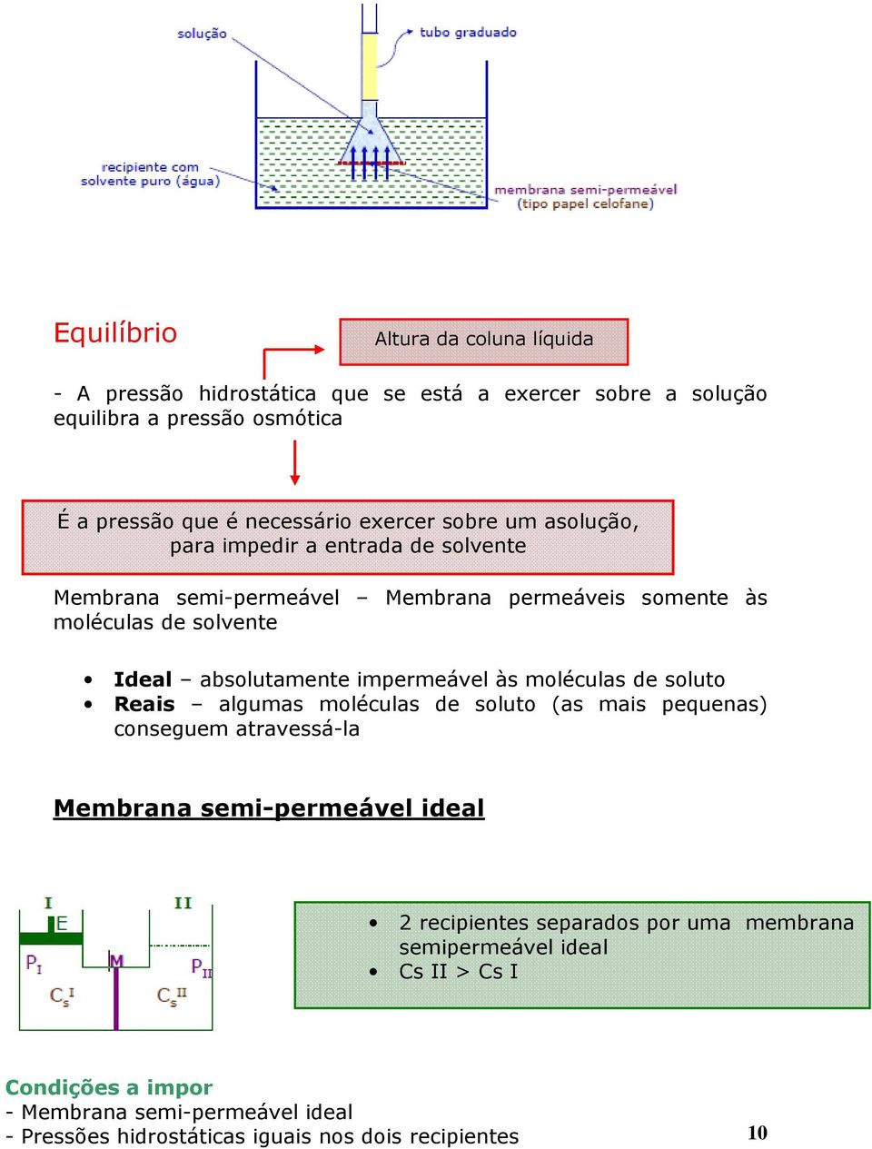 imermeável às moléculas de soluto Reais algumas moléculas de soluto (as mais equenas) conseguem atravessá-la Membrana semi-ermeável ideal 2 reciientes