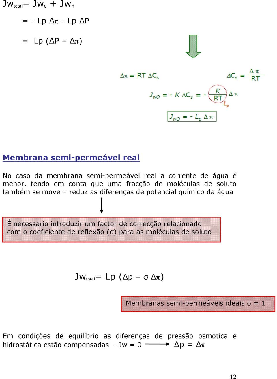 introduzir um factor de correcção relacionado com o coeficiente de reflexão (σ) ara as moléculas de soluto Jw total = L ( σ π) Membranas