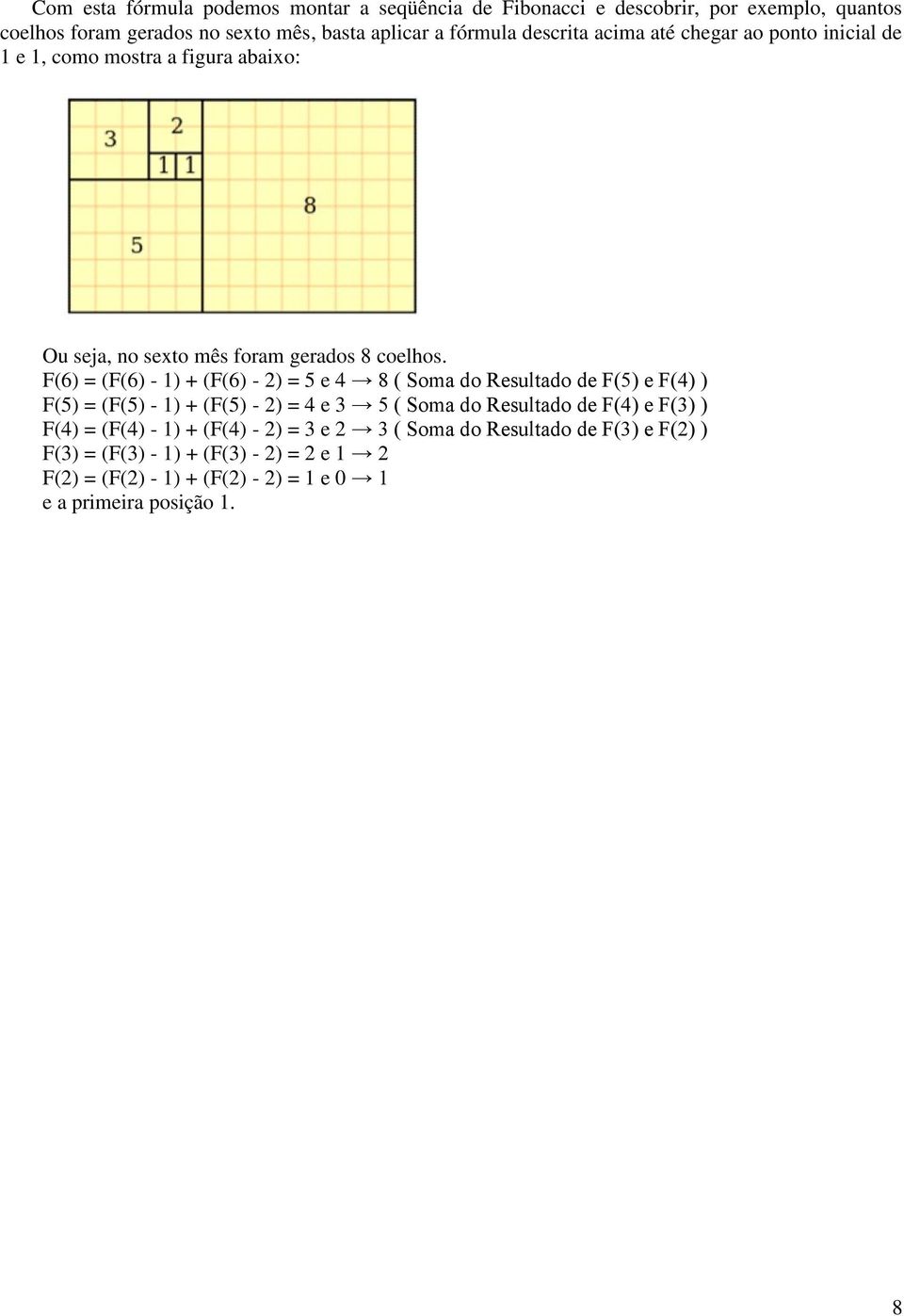 F(6) = (F(6) - 1) + (F(6) - 2) = 5 e 4 8 ( Soma do Resultado de F(5) e F(4) ) F(5) = (F(5) - 1) + (F(5) - 2) = 4 e 3 5 ( Soma do Resultado de F(4) e F(3) )