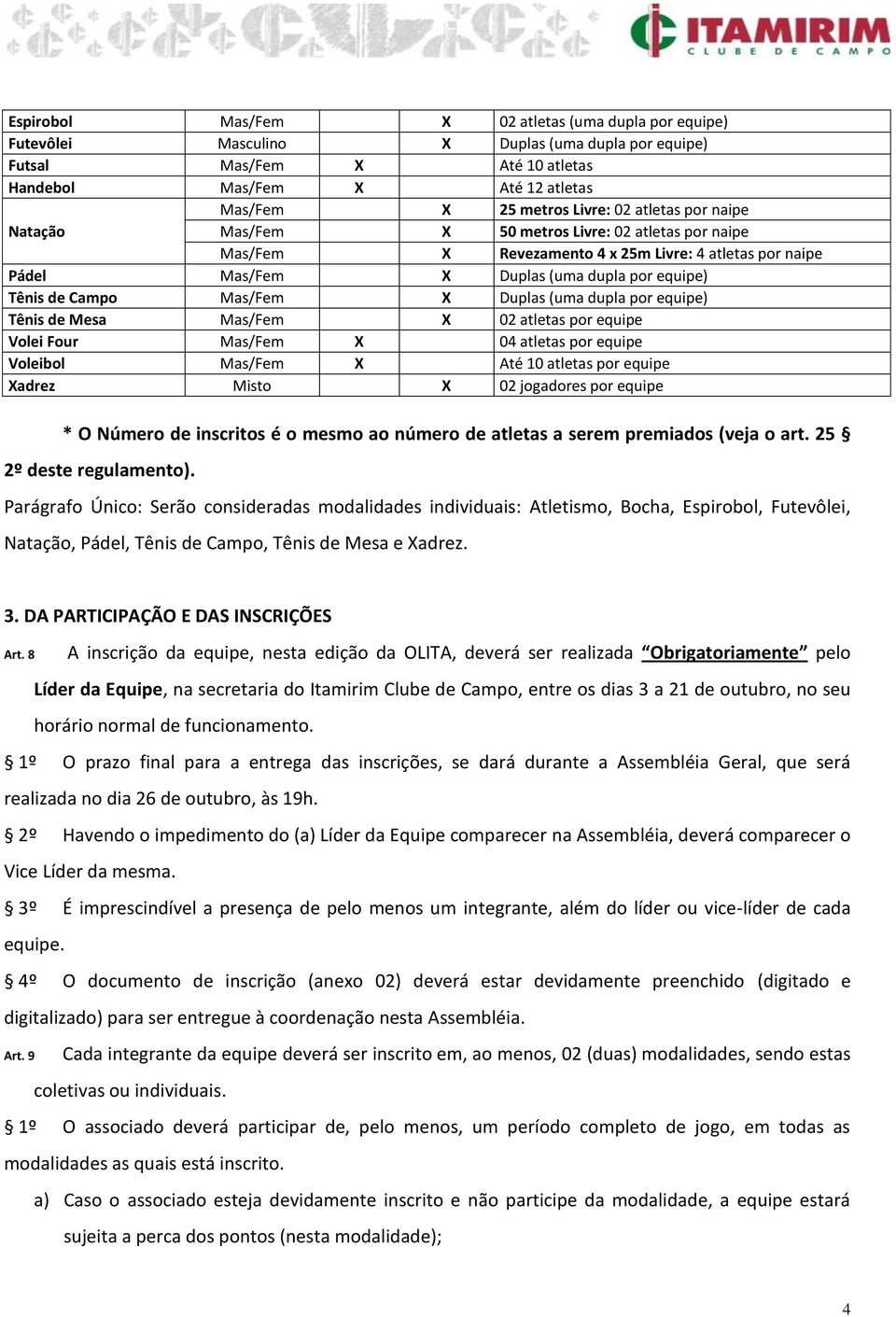 Mas/Fem X Duplas (uma dupla por equipe) Tênis de Mesa Mas/Fem X 02 atletas por equipe Volei Four Mas/Fem X 04 atletas por equipe Voleibol Mas/Fem X Até 10 atletas por equipe Xadrez Misto X 02