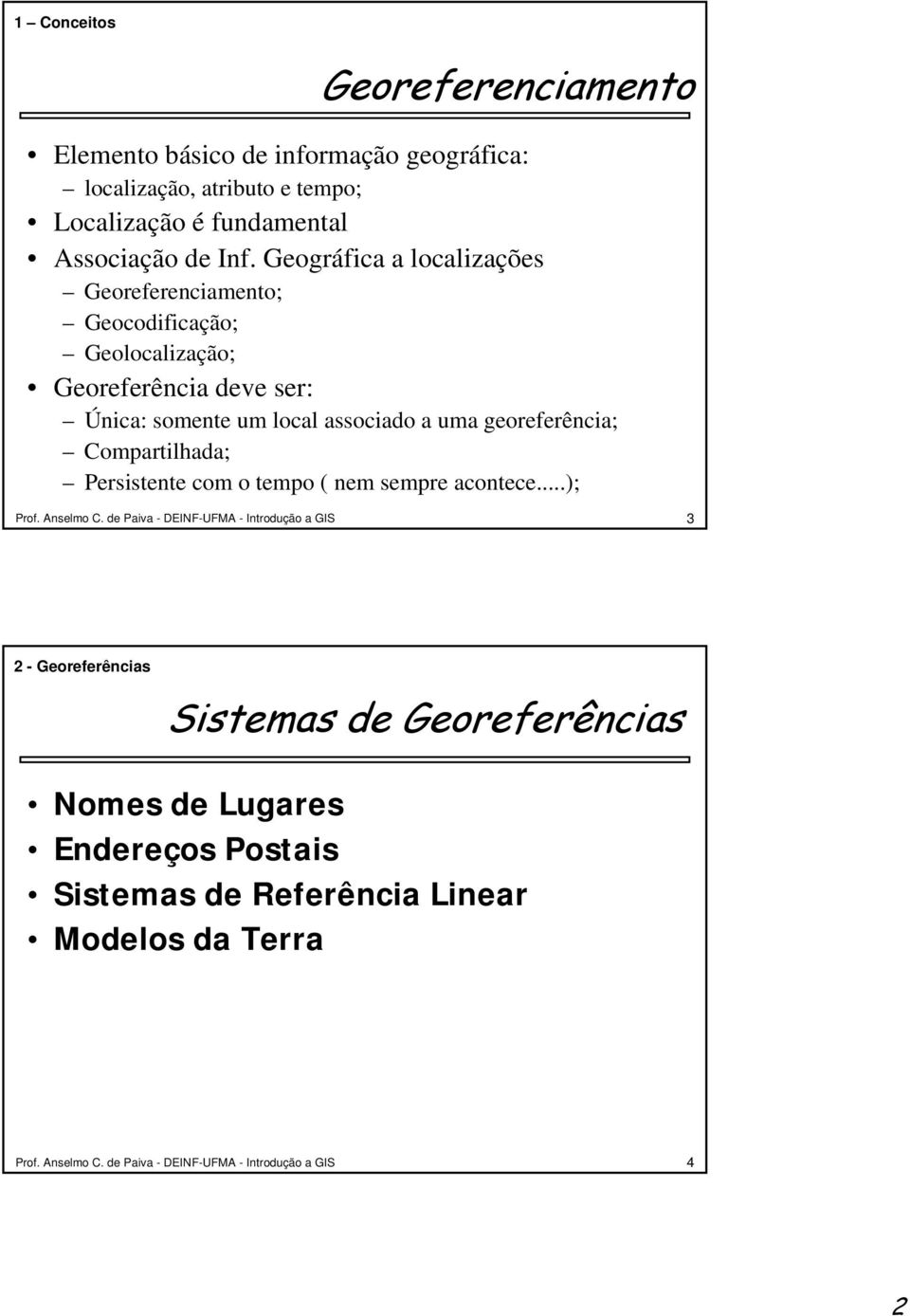 georeferência; Compartilhada; Persistente com o tempo ( nem sempre acontece...); Prof. Anselmo C.