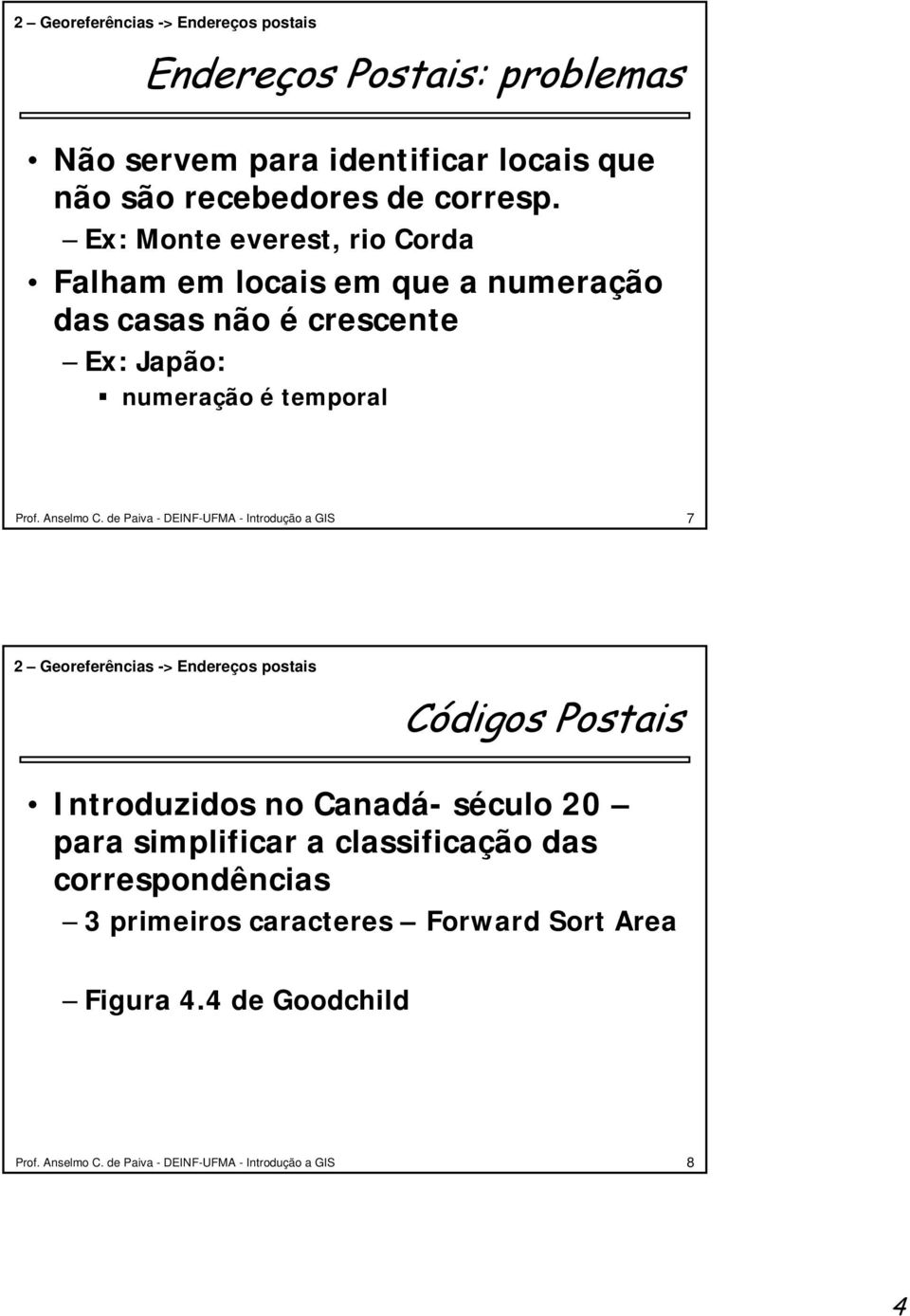 de Paiva - DEINF-UFMA - Introdução a GIS 7 2 Georeferências -> Endereços postais Códigos Postais Introduzidos no Canadá- século 20 para simplificar