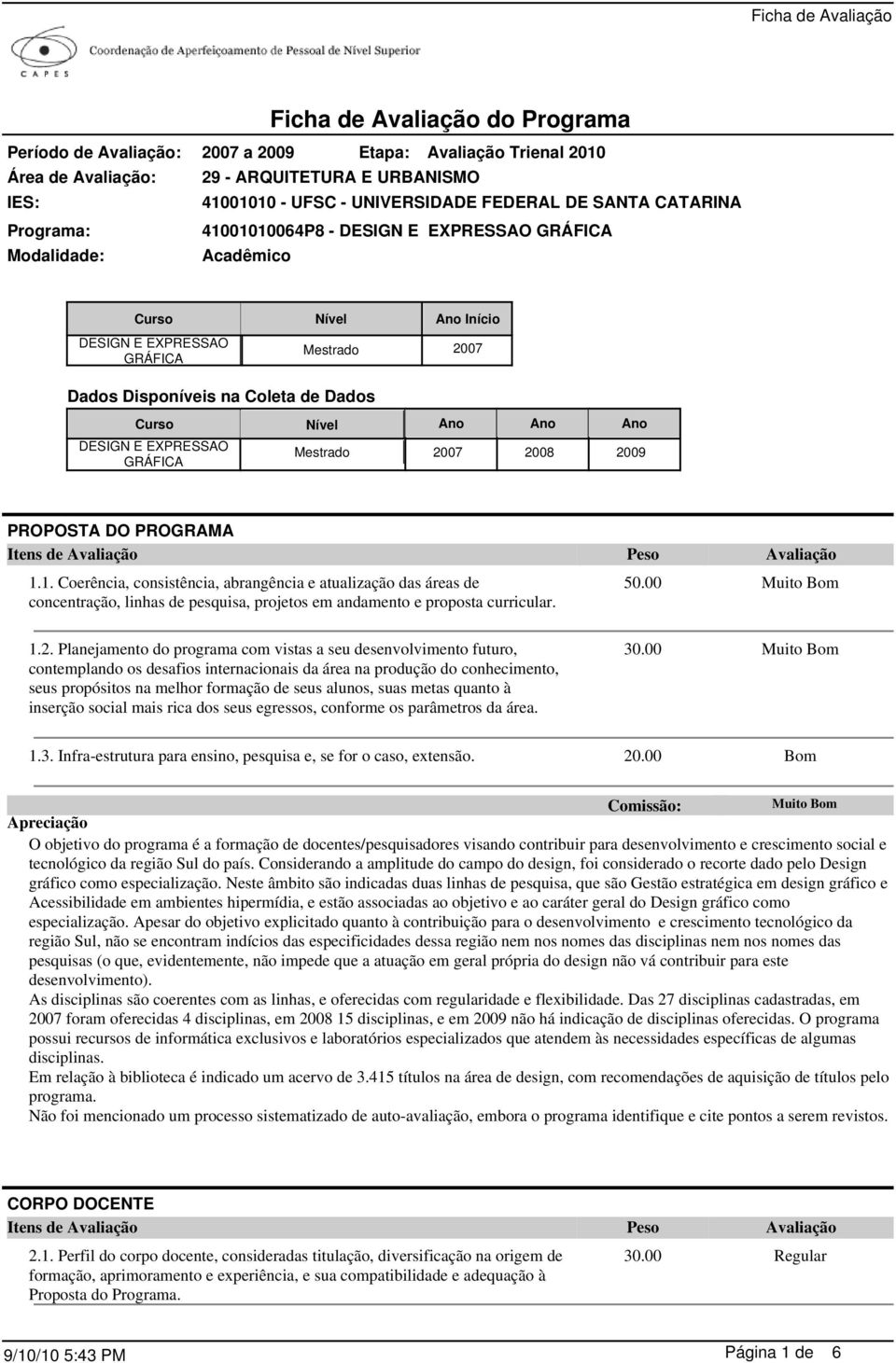 PROPOSTA DO PROGRAMA 1.1. Coerência, consistência, abrangência e atualização das áreas de concentração, linhas de pesquisa, projetos em andamento e proposta curricular. 50.00 1.2.