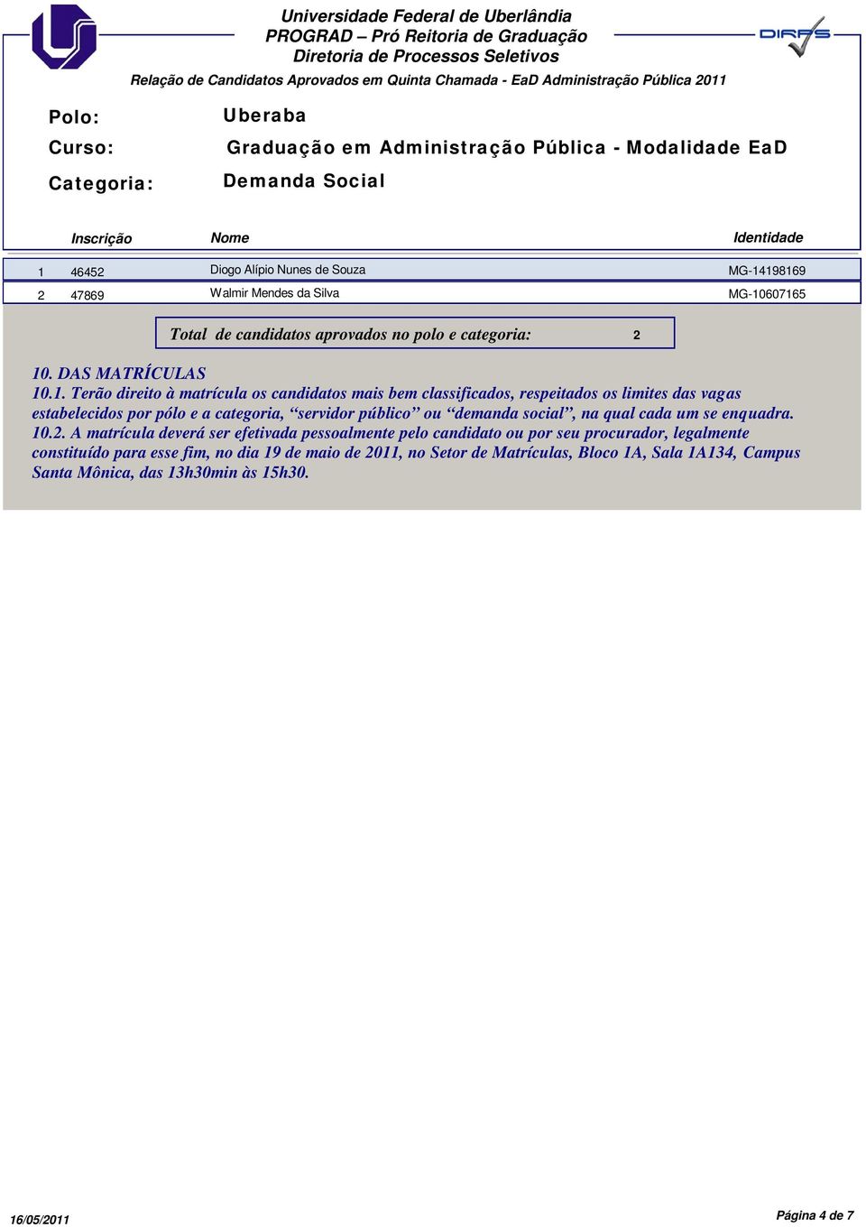 47869 Walmir Mendes da Silva MG-060765 Total de candidatos aprovados no polo e categoria: 2 