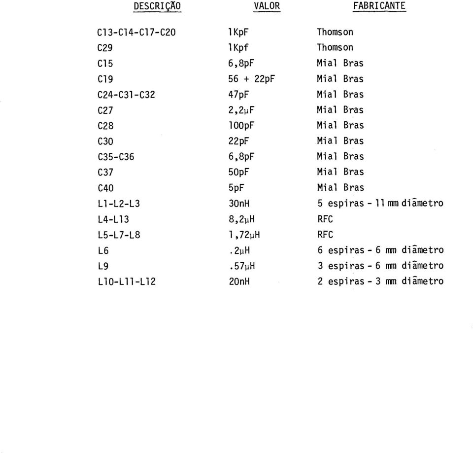 Bras C37 50pF Mial Bras C40 5pF Mial Bras L1-L2-L3 30nH 5 espiras-limm diâmetro L4-L13 8,20 RFC L5-L7-L8 1,72uH